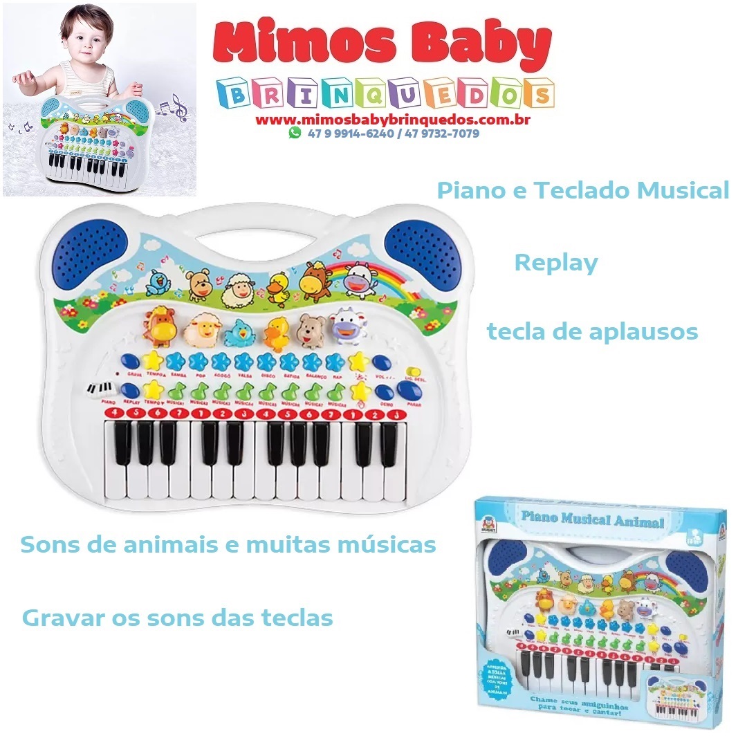 Piano Infantil Azul Teclado Musical Com Sons De Bichinhos Bichos