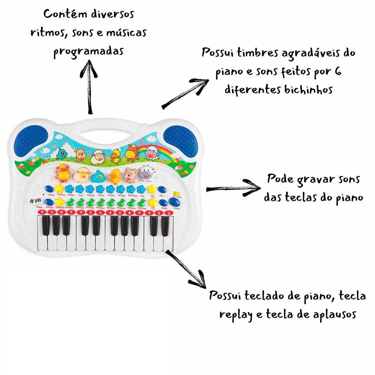 Piano Infantil Musical Educativo + Kit 3 Chocalhos Para Bebe