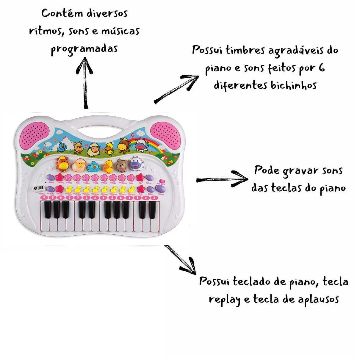 Piano Infantil Rosa Teclado Musical Com Sons De Bichinhos Bichos