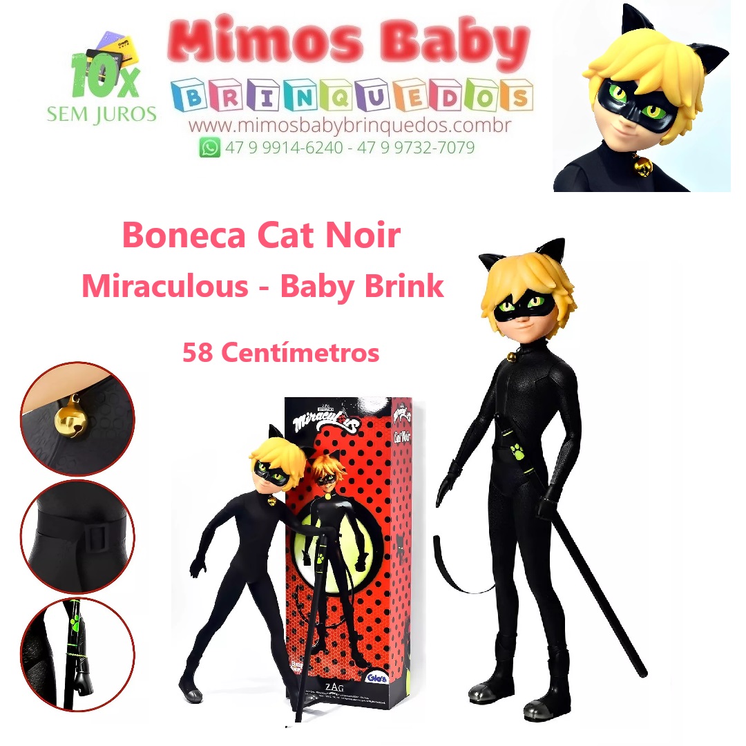 Boneco Cat Noir Grande Ladybug Miraculous Babybrink 57cm em