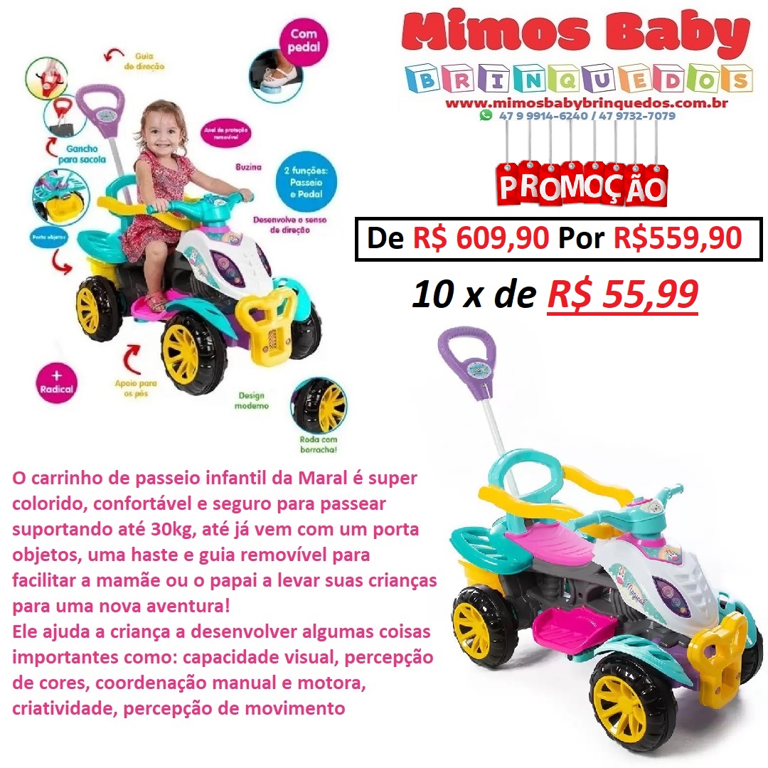 Triciclo Motoca Infantil Pra Passeio Com Empurrador Pedal Luz e