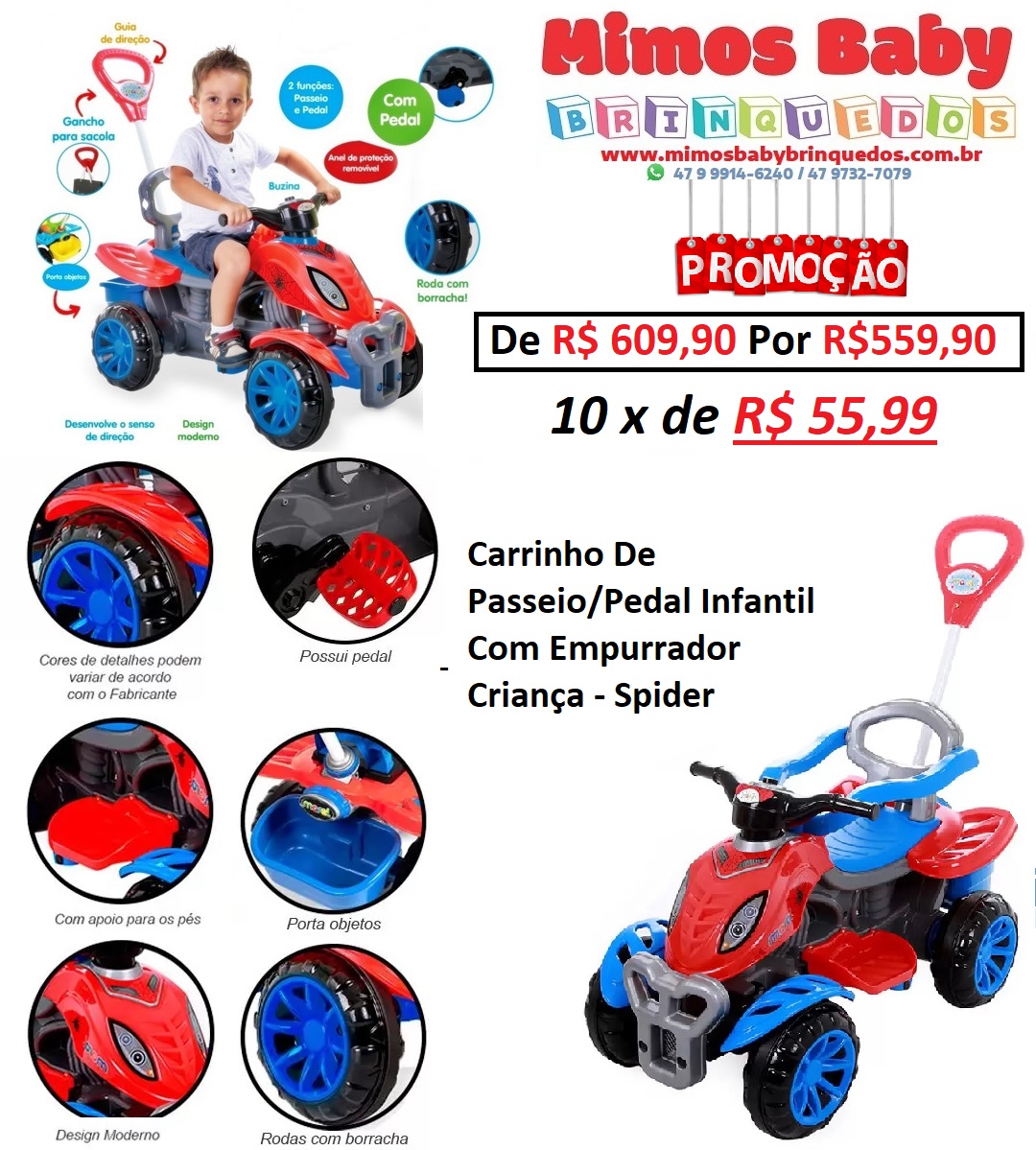 Triciclo Motoca Infantil Passeio Empurrador Pedal Som Azul