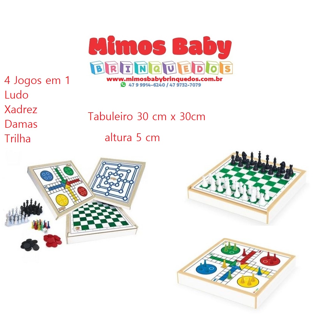 Jogo de Tabuleiro 4 Jogos em 1 Damas, Trilha, Ludo e Resta 1, GGB Plast,  Multicor, 1045