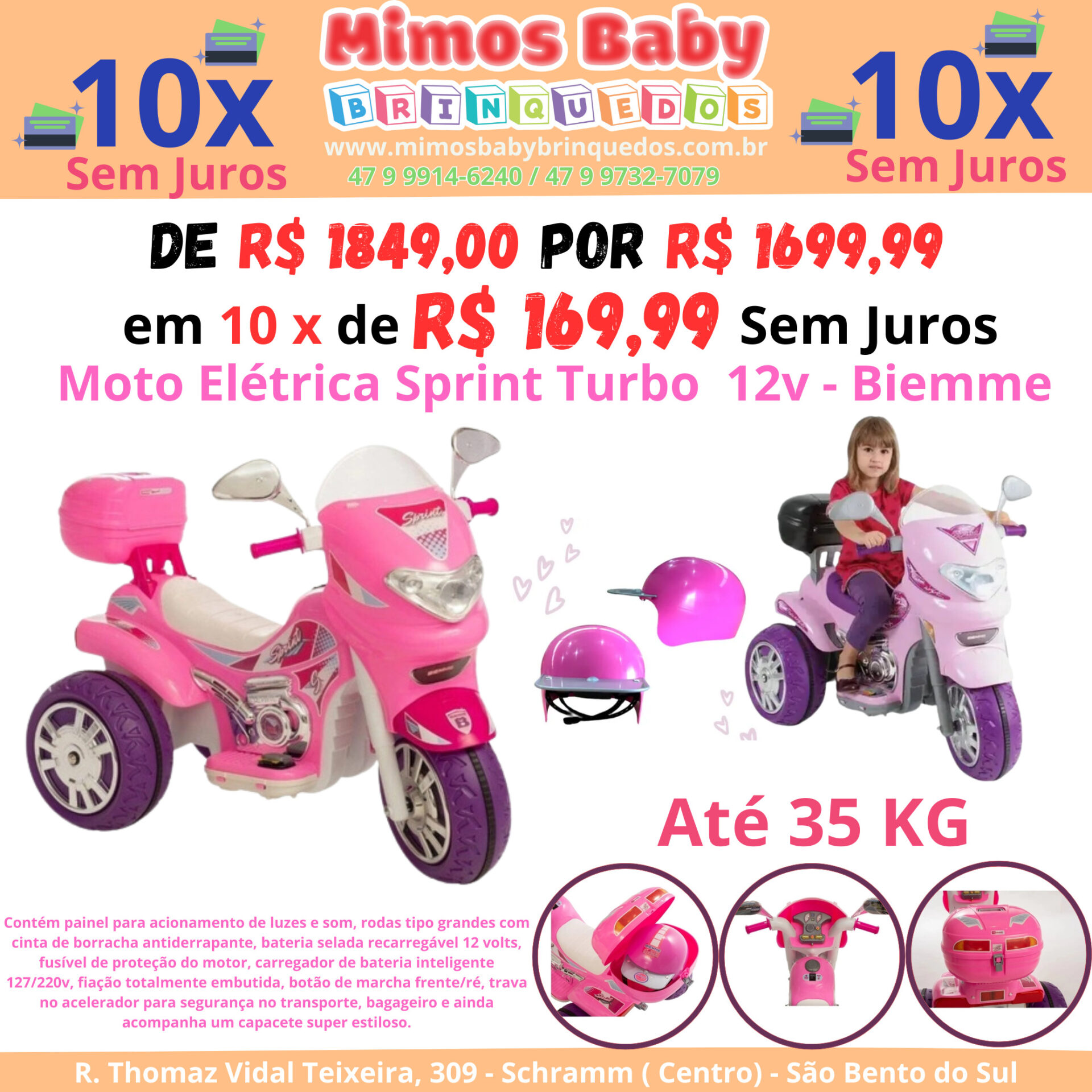 Moto Eletrica Criança Triciclo + Capacete 12v - Rosa Menina