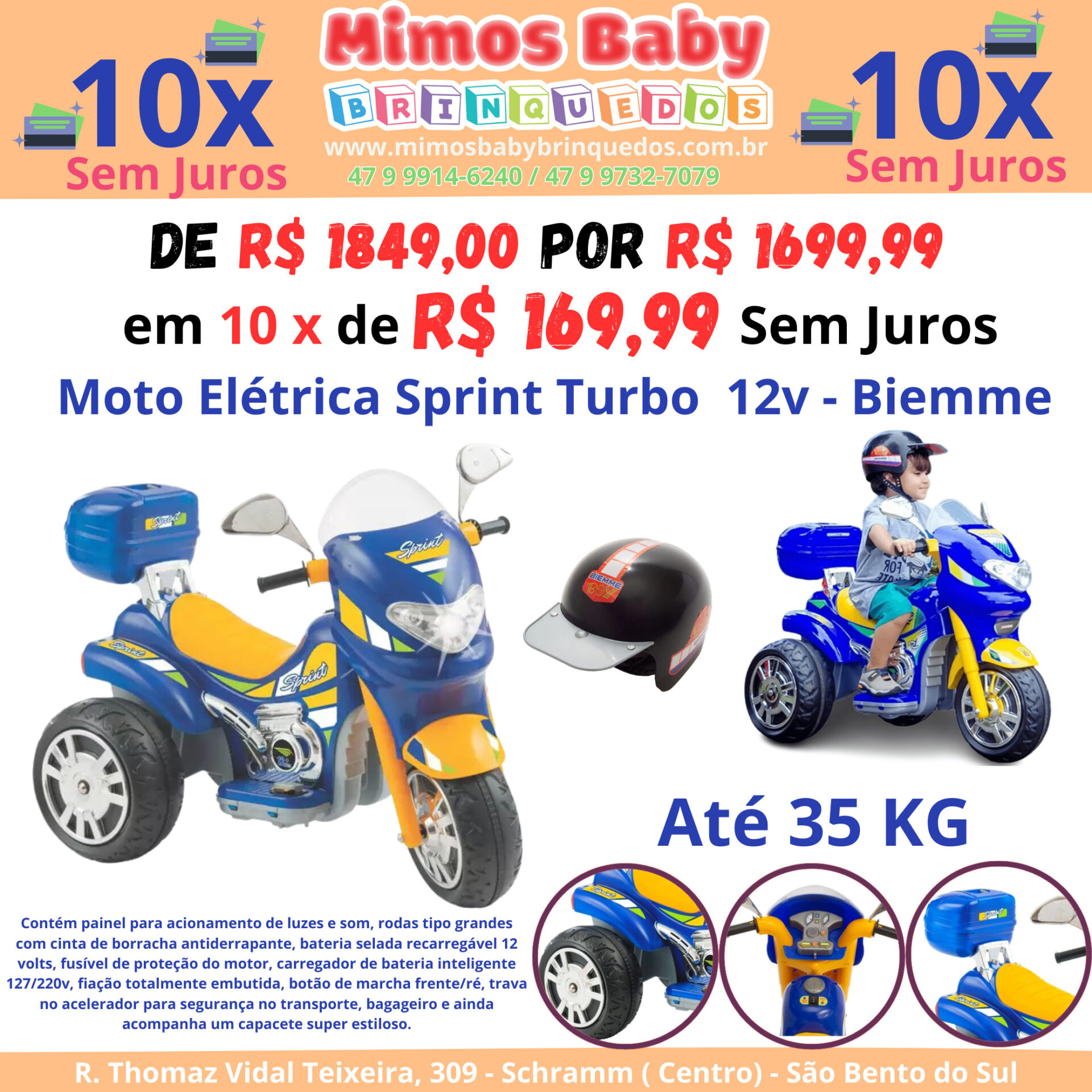 Moto Eletrica Infantil Biemme Sprint Turbo 12V Capacete Azul na