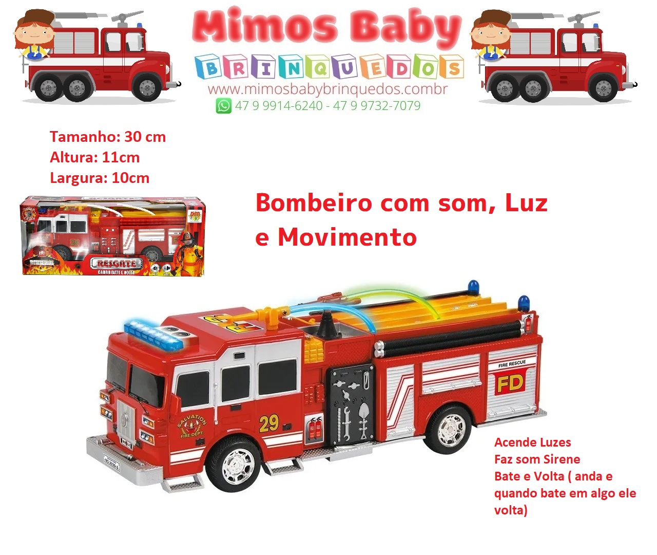 Carro Caminhão De Bombeiro Brinquedo Infantil Com Luz E Som