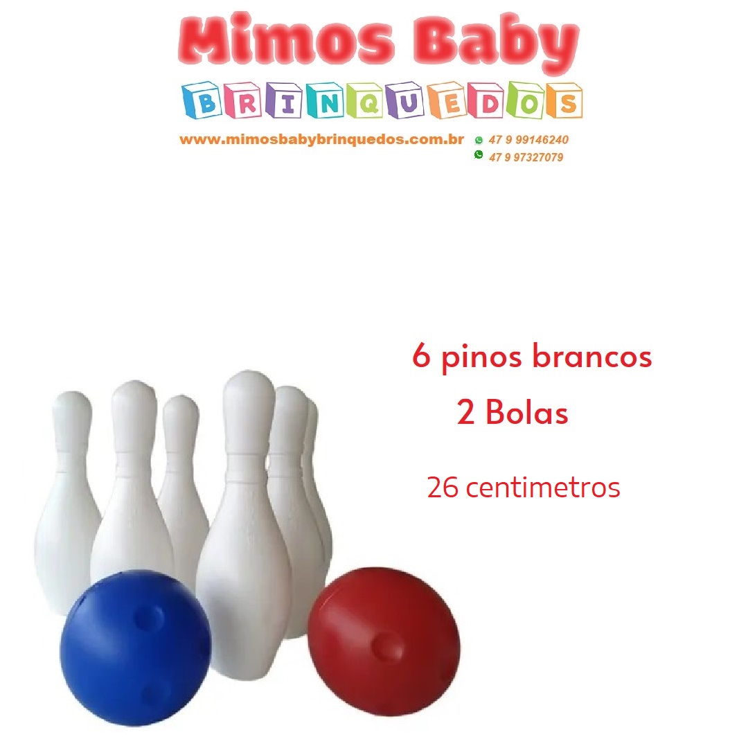 Jogo De Boliche C/ 6 Pinos Brancos 26 cm + 2 Bolas 16cm
