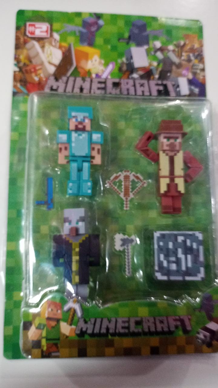 3 Bonecos minecraft 3 acessórios e 1 cubo - Cartela