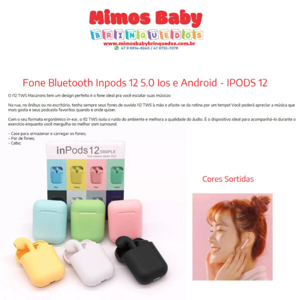 Fone De Ouvido Sem Fio InPods Macaron Bluetooth 5.0 i12