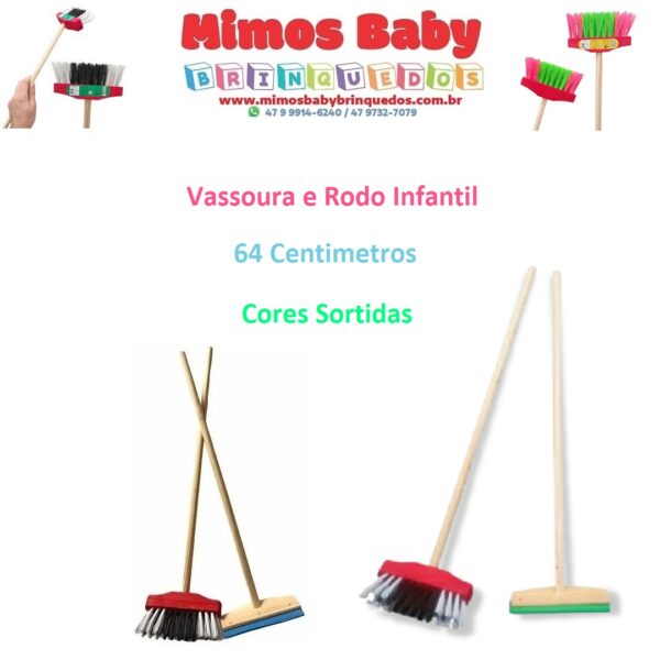Vassoura infantil nylon com Rodo - 64 Centímetros - Cores Sortidas