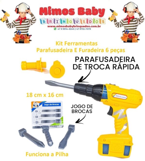 Kit Infantil Ferramentas Parafusadeira E Furadeira 6 peças - 18 cm x 16 cm