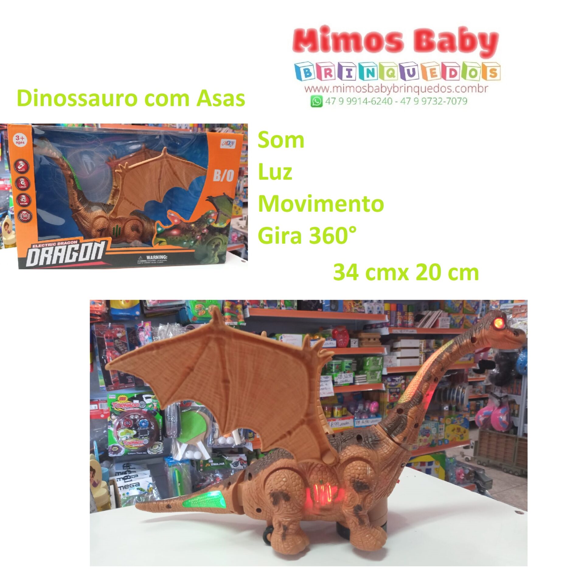 Dinossauro com Asas – Som / Luz / Movimento / Gira 360° – 34 cm x 20 cm –  Maior Loja de Brinquedos da Região