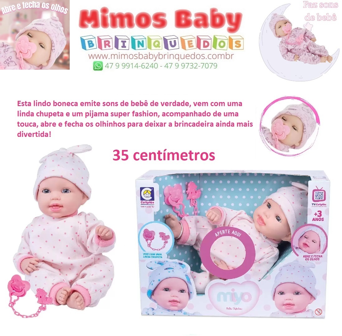 Beneca Miyo Sons De Bebe Abre e Fecha os Olhos Cotiplas 35 centimetros