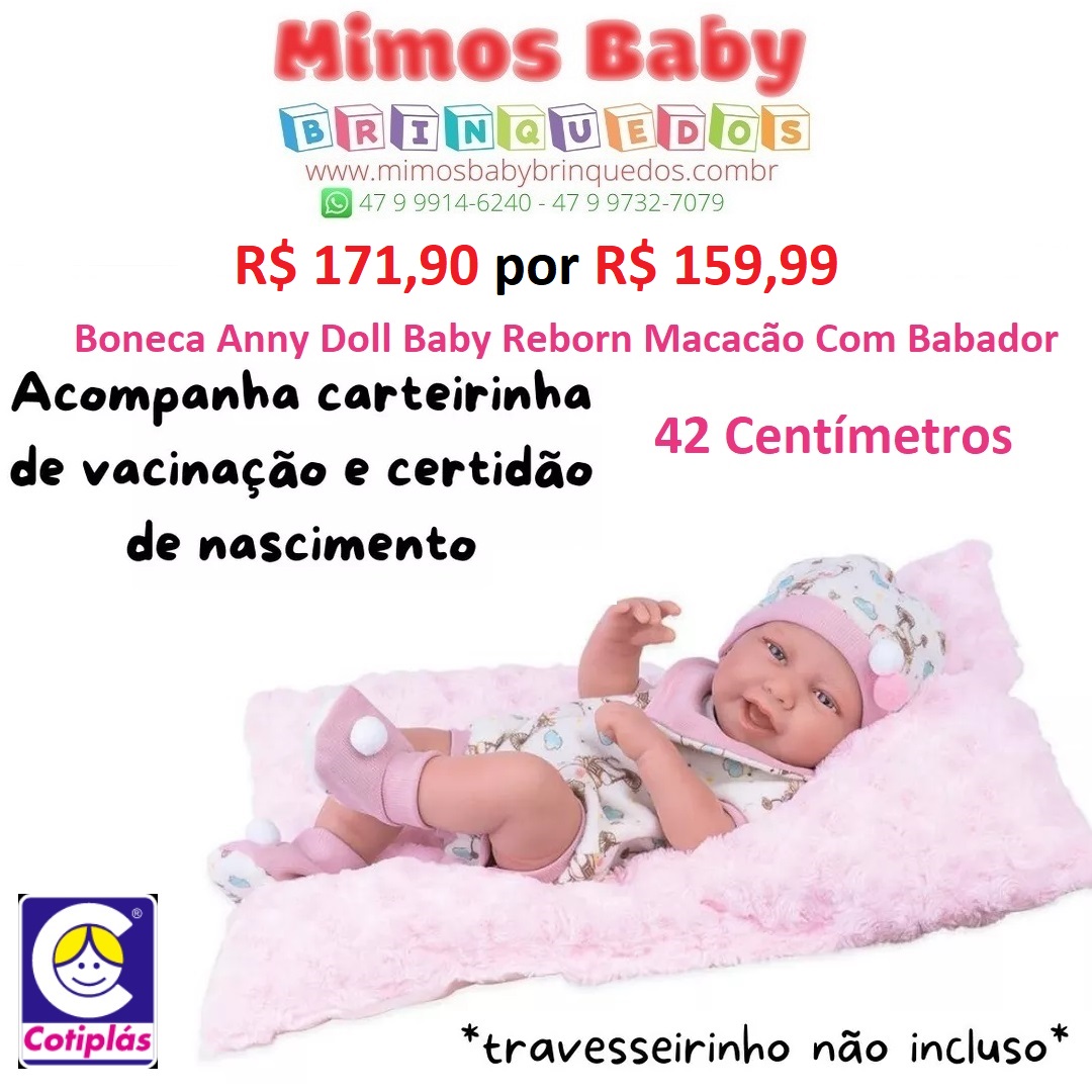 Bebê Reborn Boneca Anny Doll Baby Macacão Babador Cotiplás com o Melhor  Preço é no Zoom