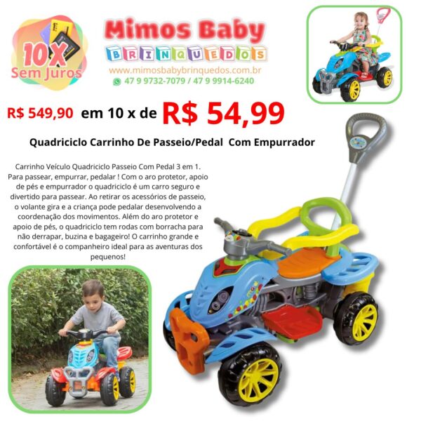 Quadriciclo Carrinho De Passeio/Pedal Com Empurrador Criança - Colorido - Maral