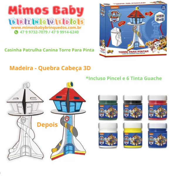 Casinha Patrulha Canina Torre Para Pintar - Madeira - Quebra Cabeça 3D  - Incluso Pincel e 6 Tinta Guache