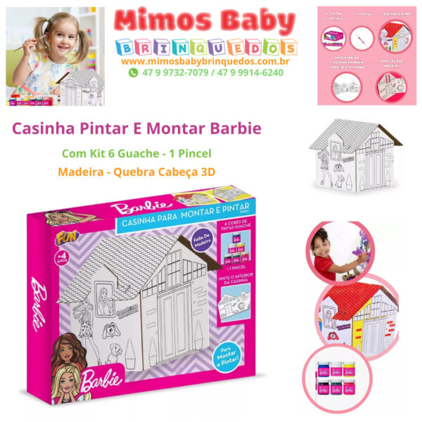 Casinha Pintar E Montar Barbie Com Kit 6 Guache - 1 Pincel - Madeira - Quebra Cabeça 3D
