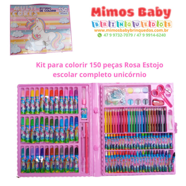Kit para colorir 150 peças Rosa Estojo escolar completo unicórnio