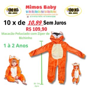 Macacão Peluciado com Ziper de Bichinho 1 à 2 Anos - Raposa - Laranja