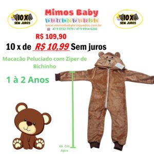 Macacão Peluciado com Ziper de Bichinho 1 à 2 Anos - Urso - Marrom