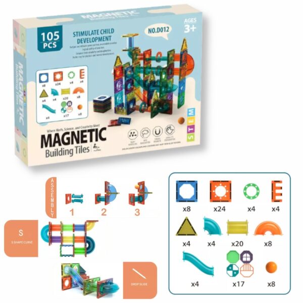 Kit Blocos Magnéticos 105 Peças -  Monte Uma Pista de Corrida para bolinhas , Construa Casa, Aviões - Image 3