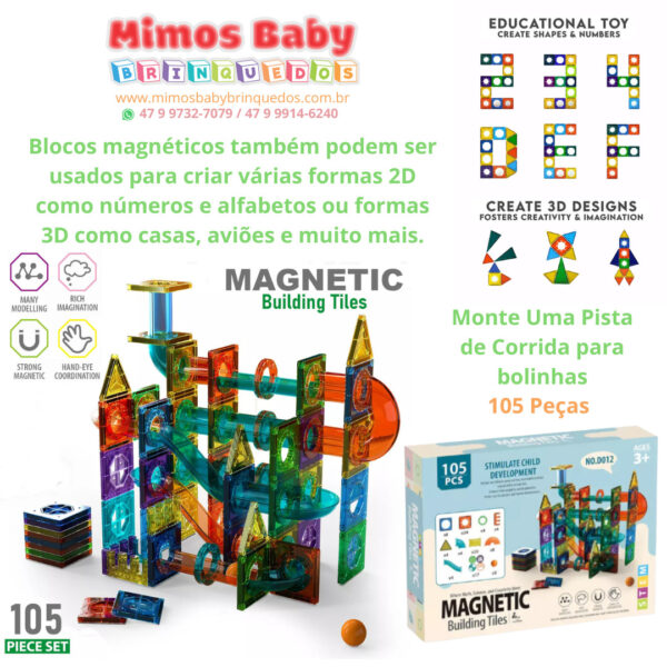 Kit Blocos Magnéticos 105 Peças -  Monte Uma Pista de Corrida para bolinhas , Construa Casa, Aviões