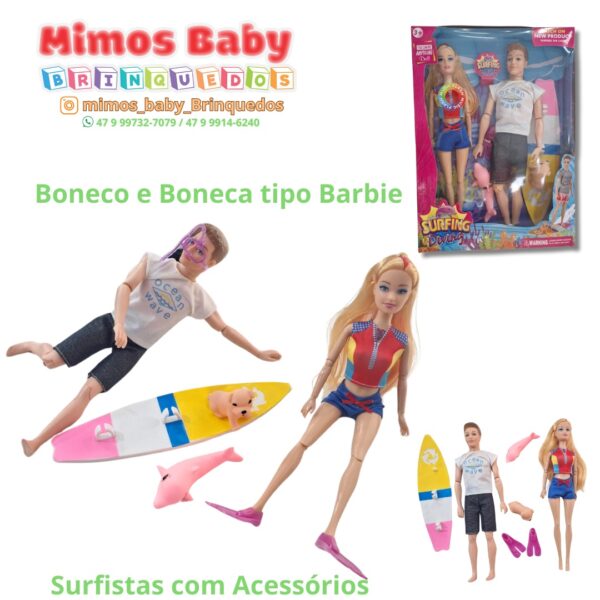 Boneca e Boneco tipo barbie e Ken Surfistas com acessórios