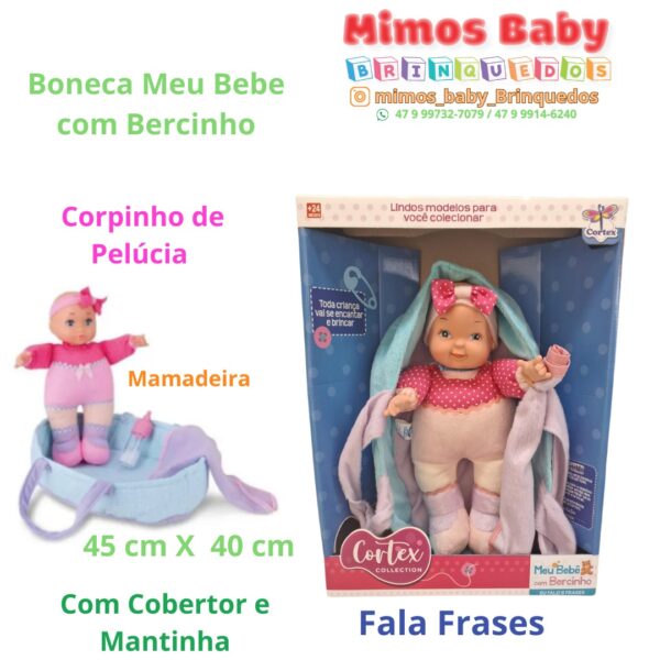 Boneca Meu Bebe com Bercinho Fala Frases Corpinho de Pelúcia