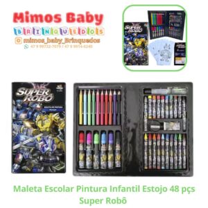 Maleta Escolar Pintura Infantil Estojo 48 pçs Super Robô