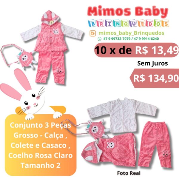 Conjunto 3 Peças Grosso - Calça , Colete e Casaco , Coelho Rosa Claro Tamanho 2
