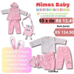 Conjunto 3 Peças Grosso - Calça , Colete e Casaco , Coelho, Rosa Claro Tamanho 2
