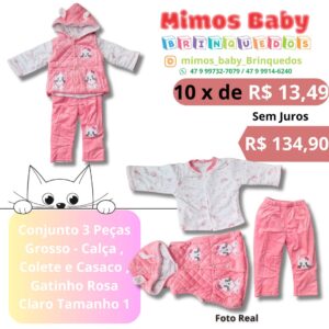 Conjunto 3 Peças Grosso - Calça , Colete e Casaco , Gatinho Rosa Claro Tamanho 1