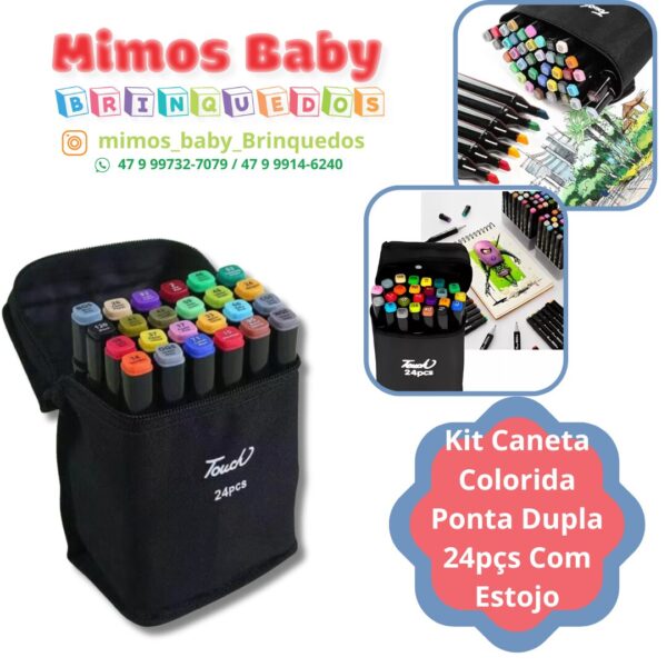 Kit Caneta Colorida Ponta Dupla 24pçs Com Estojo