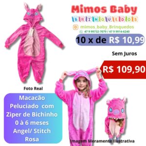 Macacão Peluciado  com Ziper de Bichinho 0 à 6 meses  Angel/ Stitch  Rosa