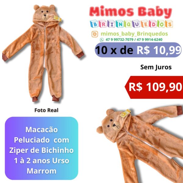Macacão Peluciado  com Ziper de Bichinho 1 à 2 anos Urso Marrom