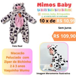 Macacão Peluciado  com Ziper de Bichinho 2 à 3 anos   Vaquinha Mumu