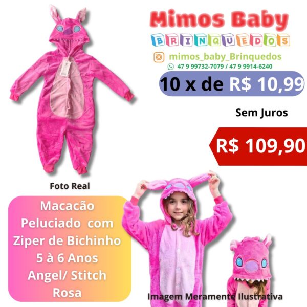 Macacão Peluciado  com Ziper de Bichinho 5 à 6 Anos  Angel/ Stitch  Rosa
