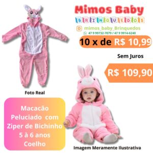 Macacão Peluciado  com Ziper de Bichinho 5 à 6 anos Coelho