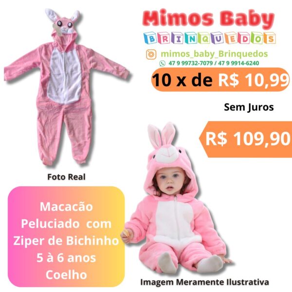 Macacão Peluciado  com Ziper de Bichinho 5 à 6 anos Coelho