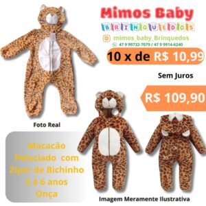 Macacão Peluciado  com Ziper de Bichinho 5 à 6 anos Onça