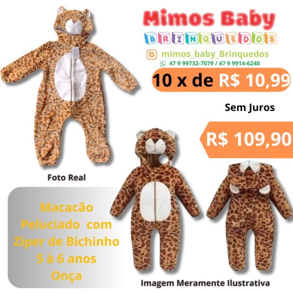 Macacão Peluciado  com Ziper de Bichinho 5 à 6 anos Onça