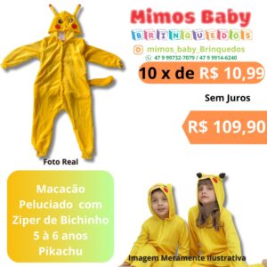 Macacão Peluciado  com Ziper de Bichinho 5 à 6 anos Pikachu