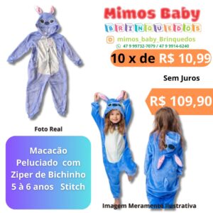 Macacão Peluciado  com Ziper de Bichinho 5 à 6 anos   Stitch