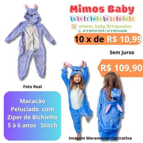 Macacão Peluciado  com Ziper de Bichinho 5 à 6 anos   Stitch