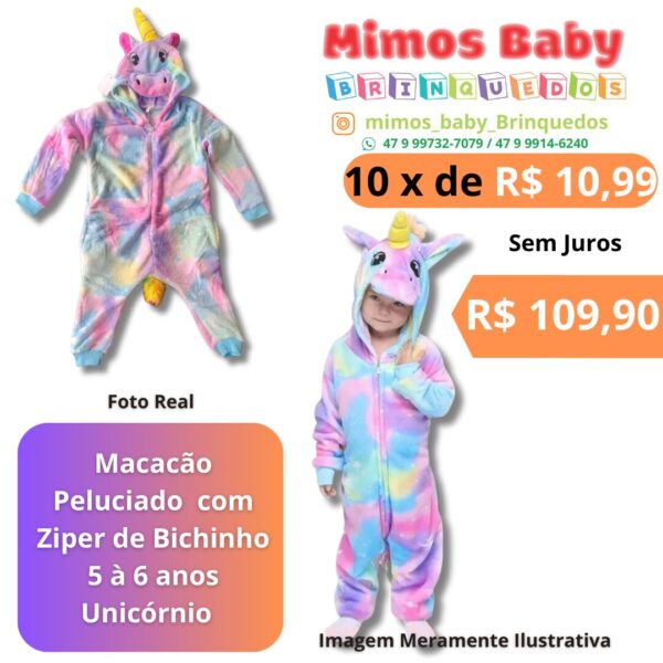 Macacão Peluciado  com Ziper de Bichinho 5 à 6 anos   Unicórnio