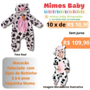 Macacão Peluciado  com Ziper de Bichinho 5 à 6 anos   Vaquinha Mumu