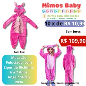 Macacão Peluciado  com Ziper de Bichinho 6 à 7 Anos  Angel/ Stitch  Rosa
