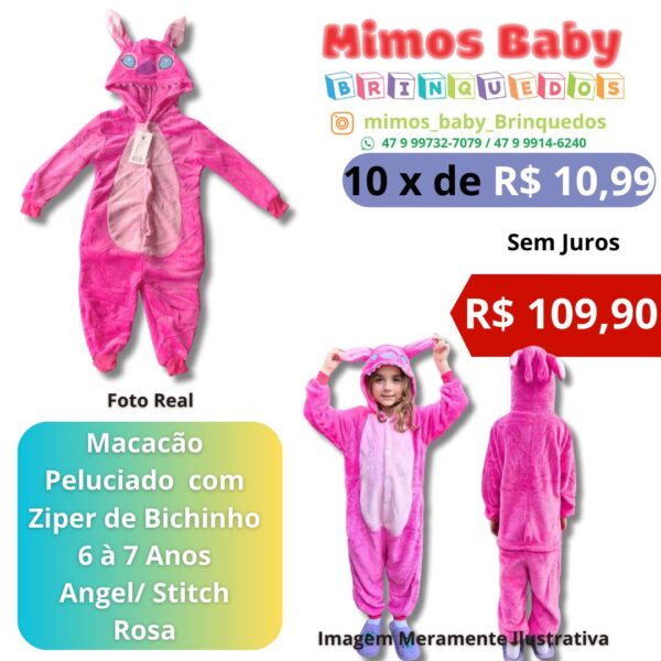 Macacão Peluciado  com Ziper de Bichinho 6 à 7 Anos  Angel/ Stitch  Rosa