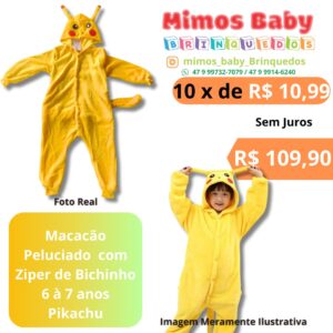 Macacão Peluciado  com Ziper de Bichinho 6 à 7 anos Pikachu