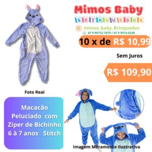 Macacão Peluciado  com Ziper de Bichinho 6 à 7 anos   Stitch